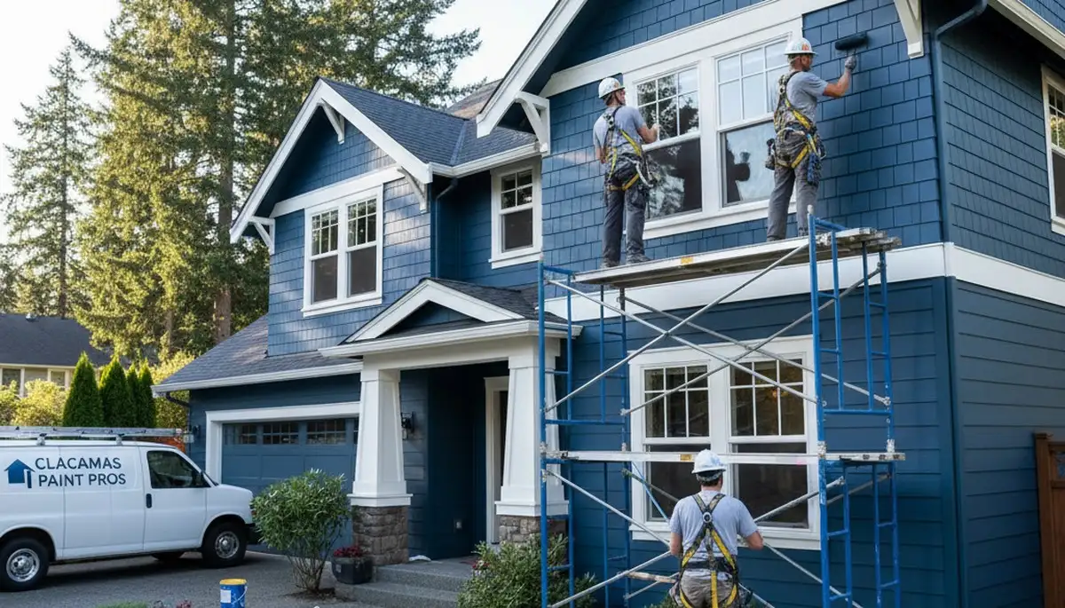 Exterior painting crew serving Portland, OR on a residential home with professional paint application