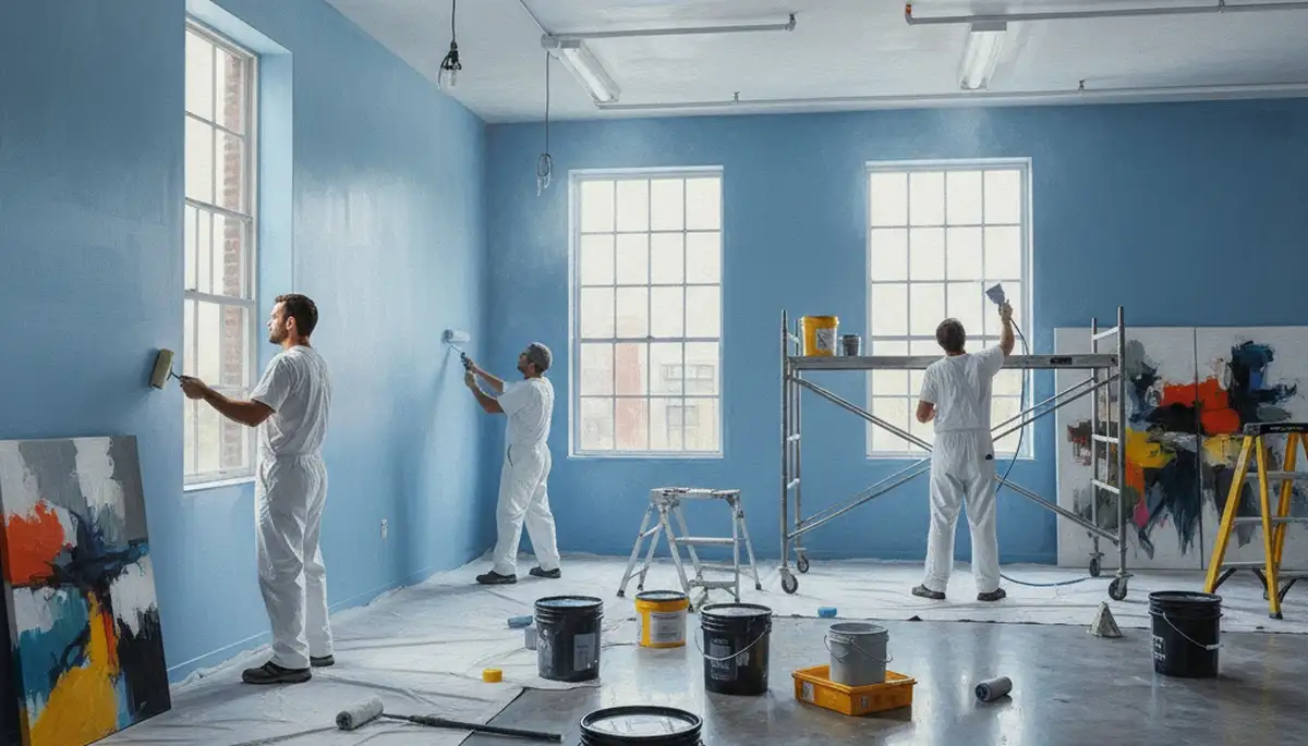 Commercial painting crew applying durable exterior coatings to a Portland, OR office building