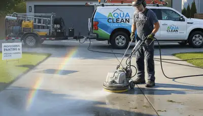 Portland, OR crew pressure cleaning concrete driveway to remove moss and grime for exterior painting prep