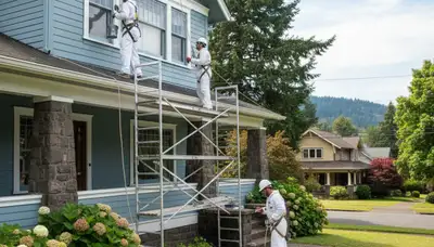 Exterior painting crew in Portland, OR preparing a home for a professional paint job