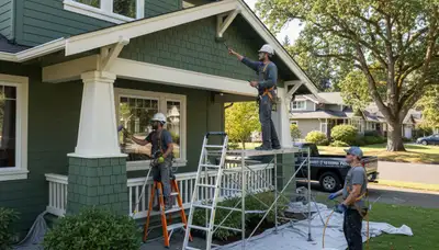 Exterior painting crew in Portland, OR preparing a home for professional house painting services