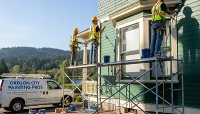Exterior painting crew servicing Portland, OR homes with professional house painting equipment