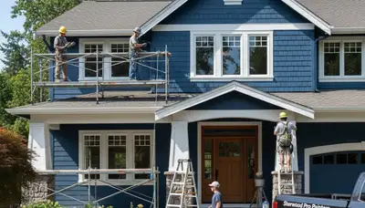 Portland, OR exterior painting crew painting a home exterior with professional equipment