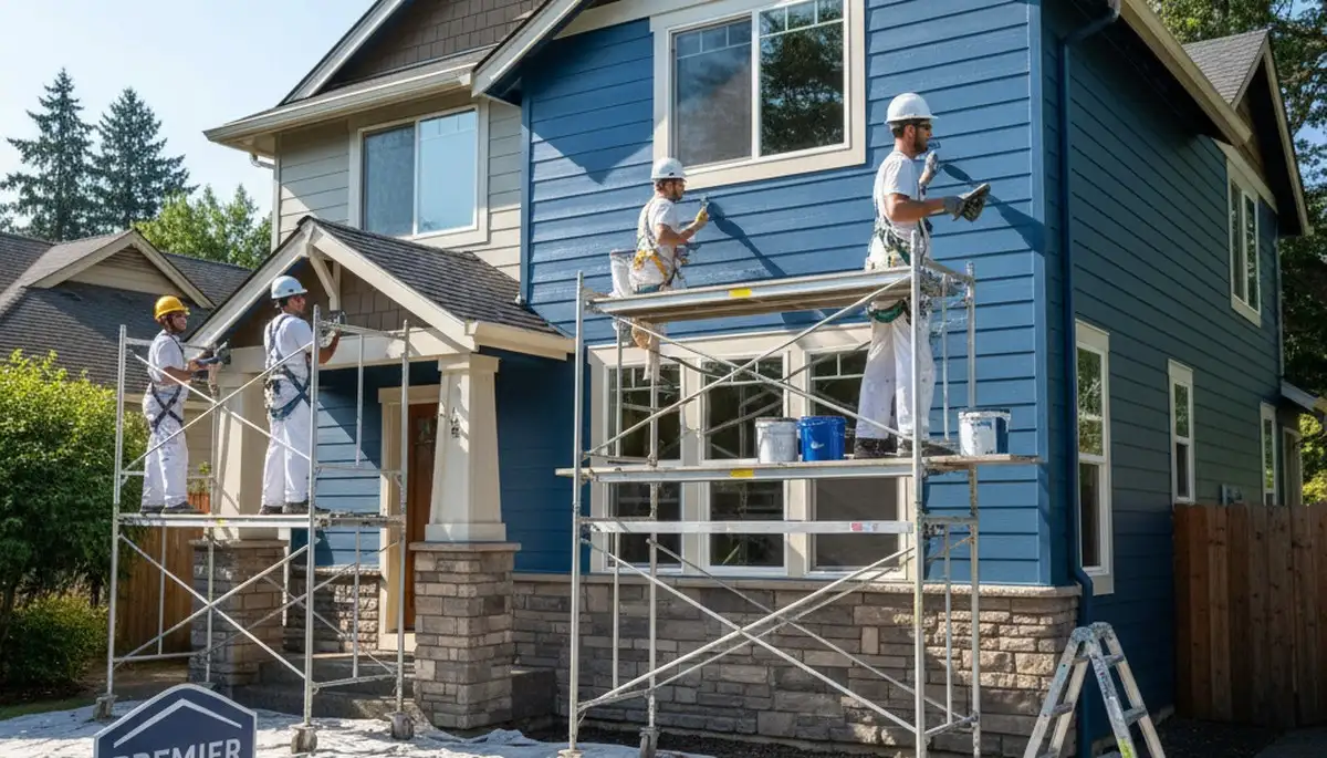 Exterior painting crew in Portland, OR painting a home with professional exterior paint service