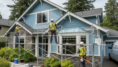 Exterior painting crew in Portland, OR applying fresh paint to a home exterior