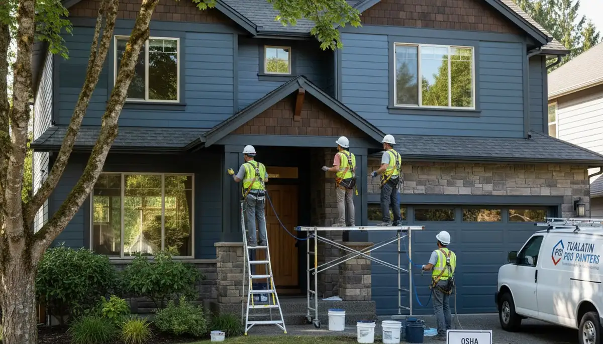 Exterior painting crew serving Portland, OR on a residential home facade