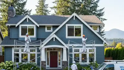 Exterior painting team in Portland, OR applying fresh paint to a home exterior